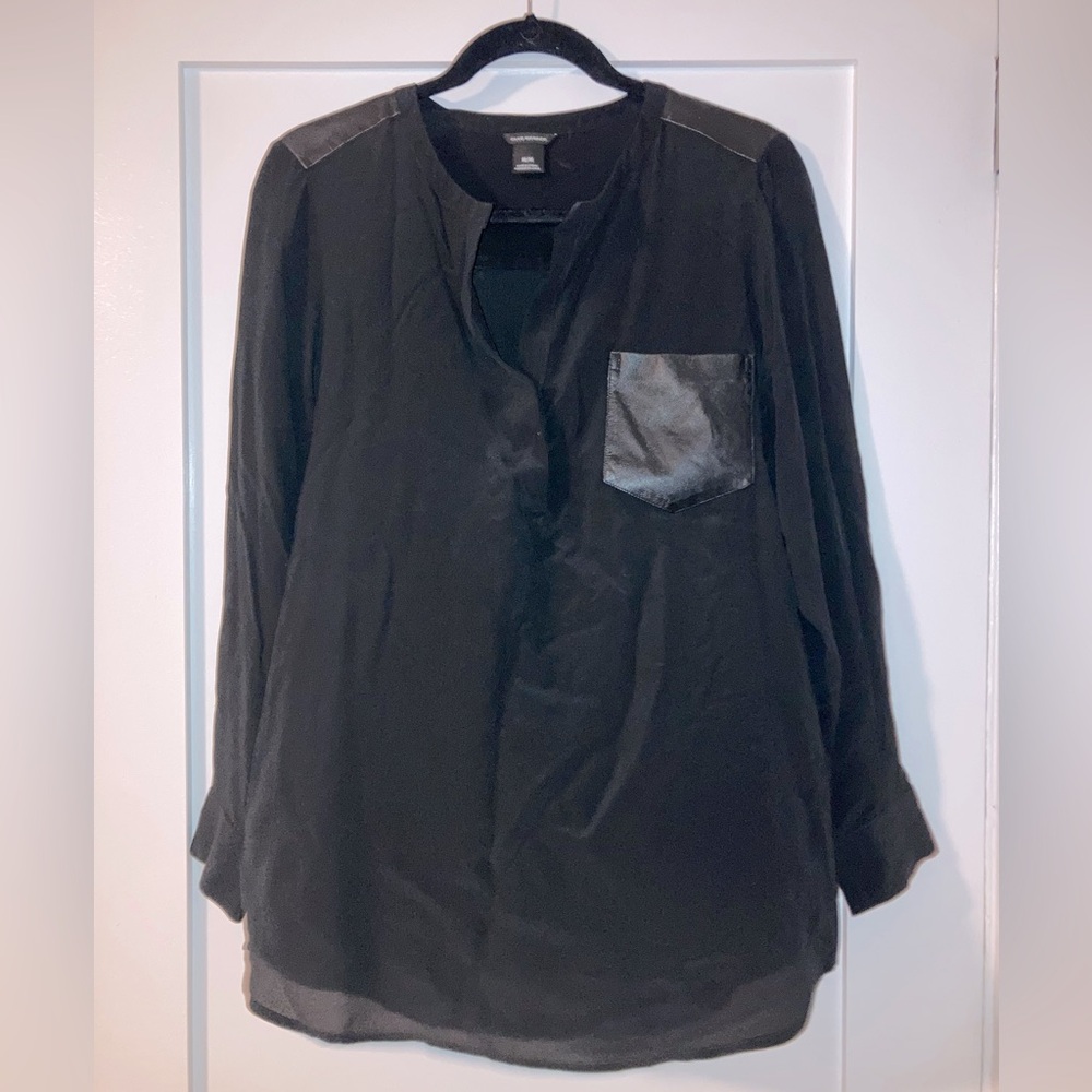 Club Monaco blouse with leather shoulder and pocket details